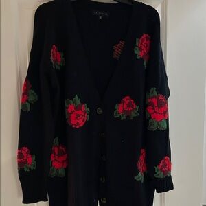 Sanctuary Black Cardigan with Red Floral Design